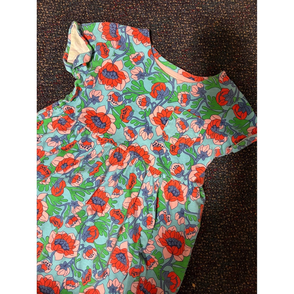 Mini Boden Girls Blue Orange Floral Short Sleeve Jersey Pocket Dress Size 6-7Y